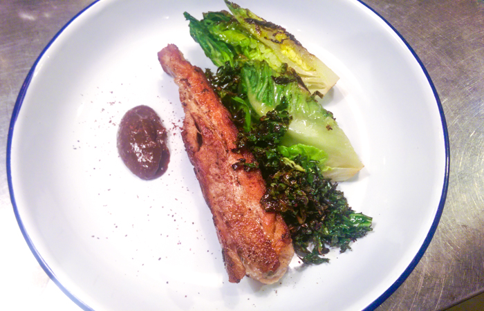  Slow-cooked, fried pork belly, smoked plum sauce, grilled lettuce 