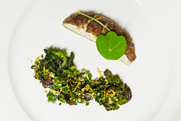 Fried calf brain with brassica salsa, preserved elderberries, walnuts, nasturtiums and marigold petals