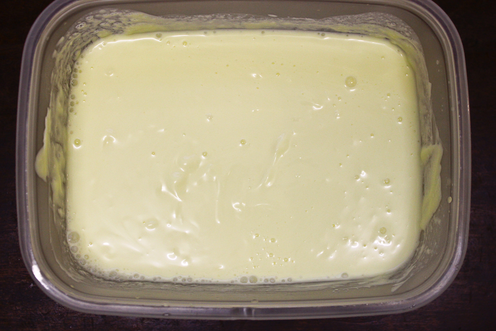 An experimental butter. Crème fraîche and double cream from Helsett Farm in Cornwall, mixed in equal parts and left to ripen at room temperature for 2 days. I added about 90 grams of clear live yoghurt whey, mixed it gently, and will leave it anothe…