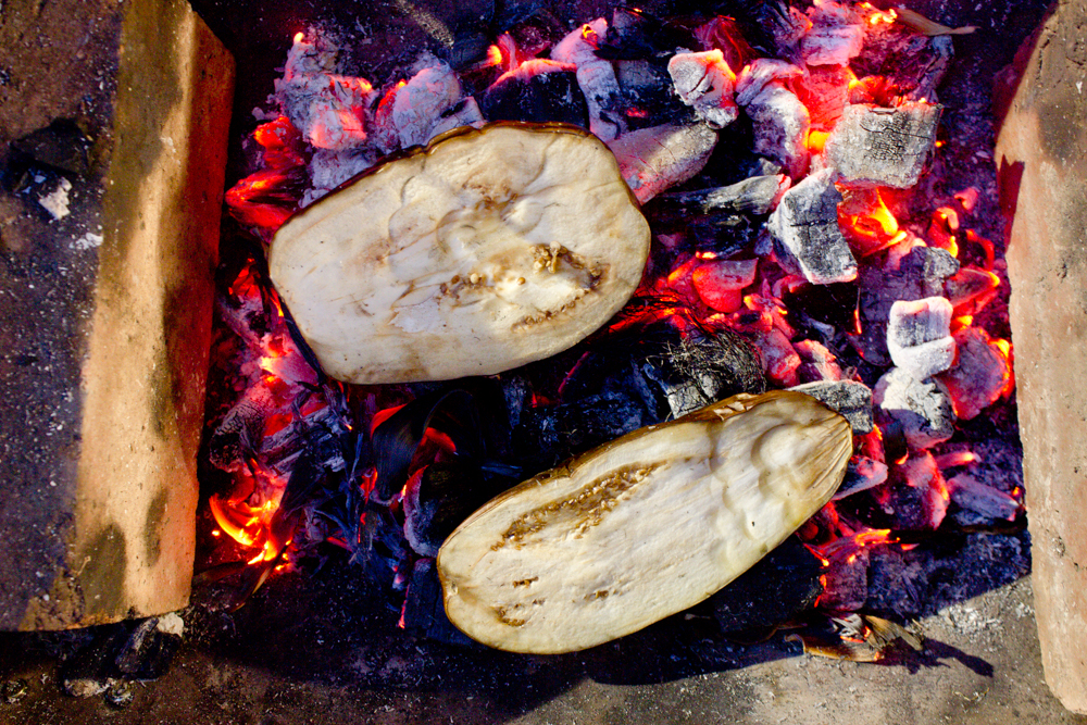  Charring aubergines 