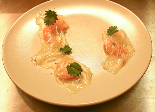  Raw prawns, lardo, salad burnet 