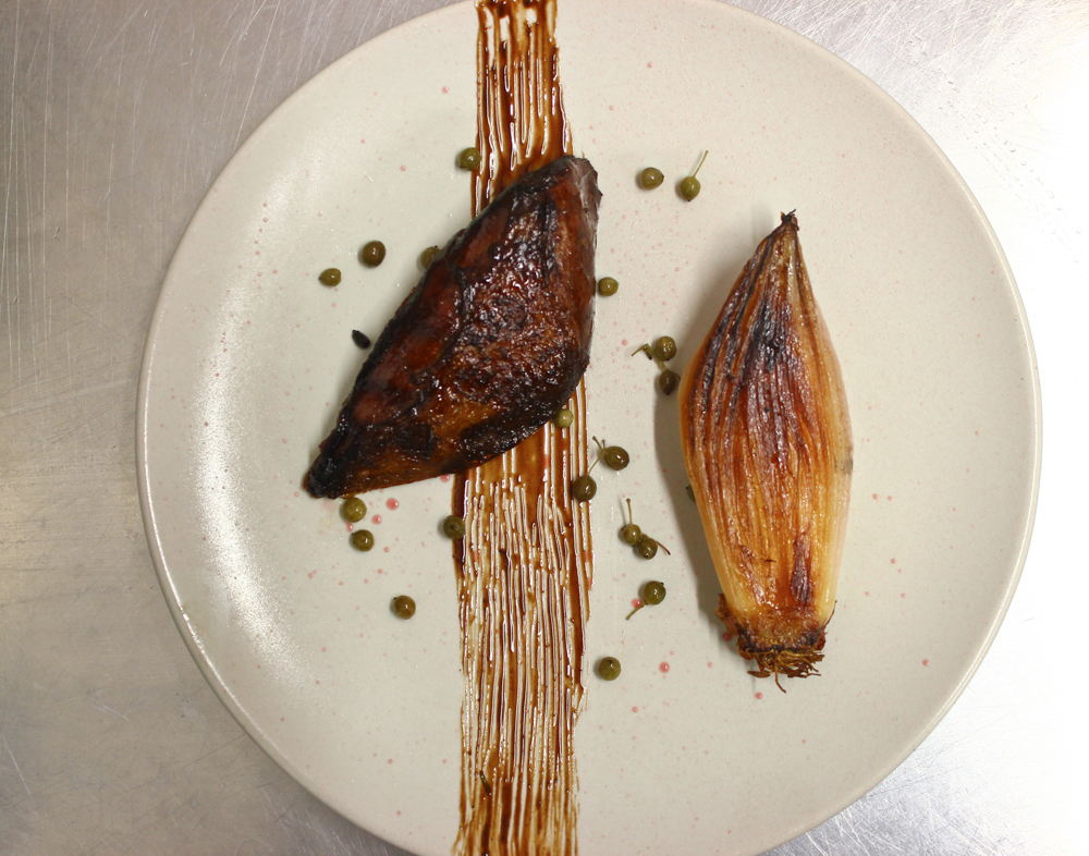 Woodpigeon, onion, wood gastrique, preserved elderberries