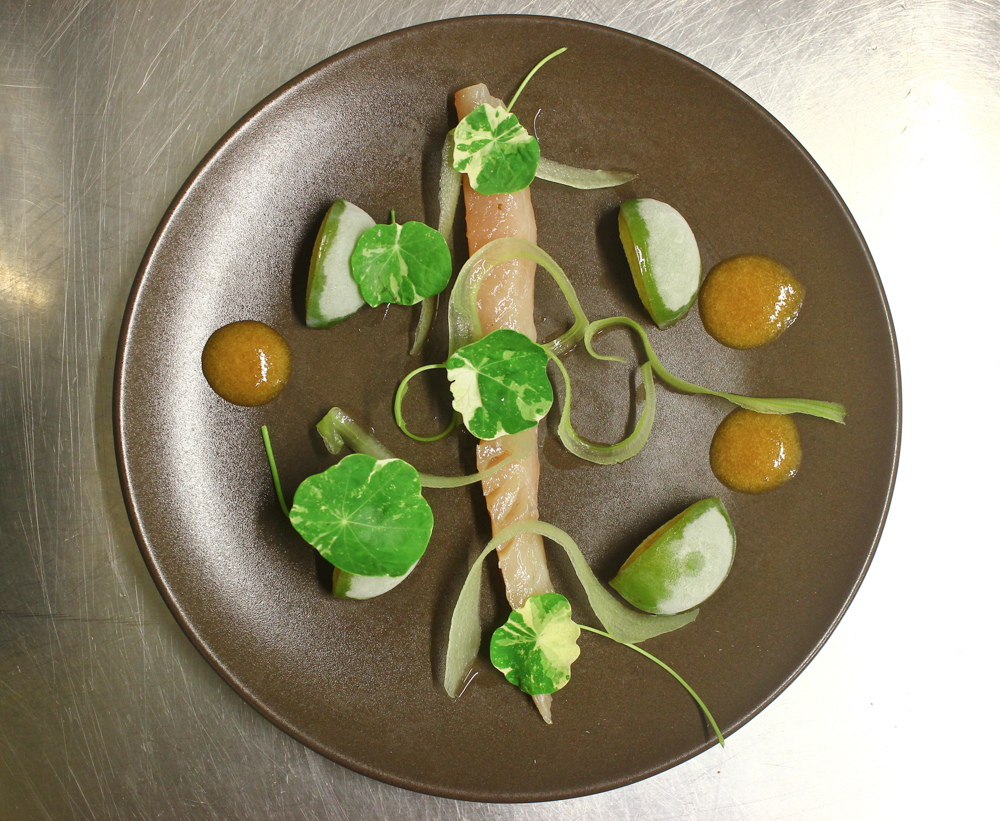 Cured mackerel, greengages, nasturtiums, yoghurt 