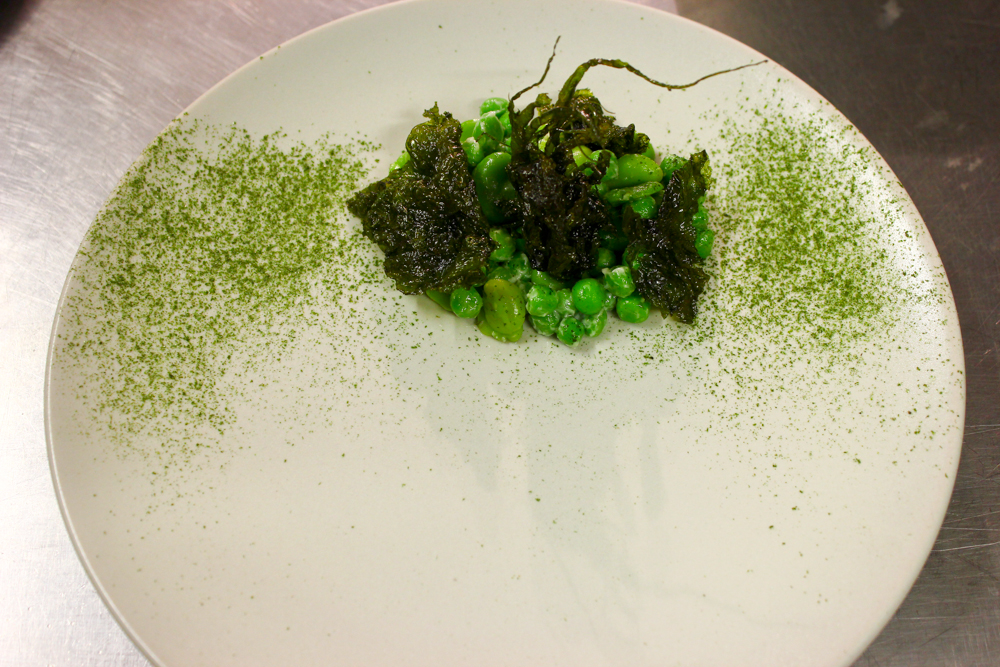  Broad beans, peas, buttermilk, fried and dried seaweeds 
