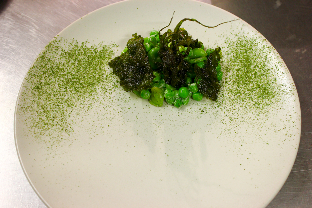 Broad beans, peas, buttermilk, fried and dried seaweeds