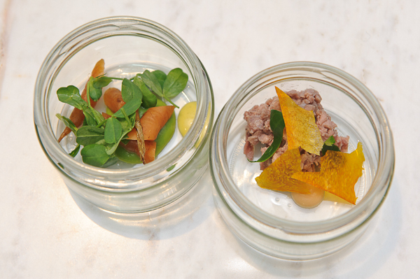  Potted wild boar or carrots with hay and pea shoots 