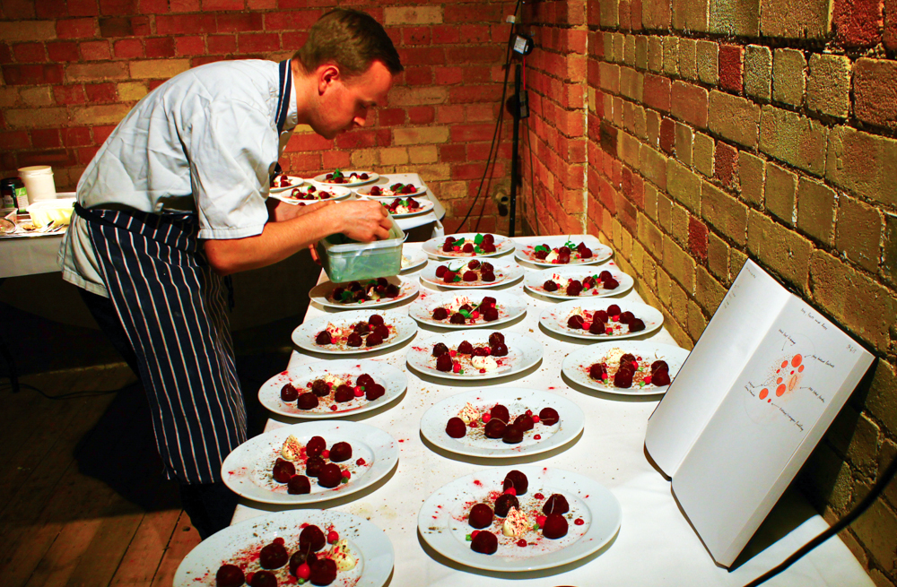   Andrew Stellitano &nbsp;plating the beetroot course,&nbsp;&nbsp;London 2013 (pic by B&amp;S) 