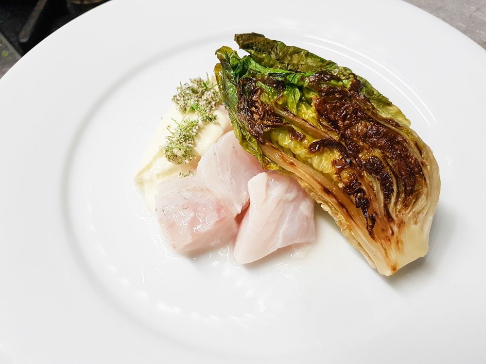  Sea bass pickled in dill pickle brine, grilled lettuce, fennel pollen cream and dittander flowers 