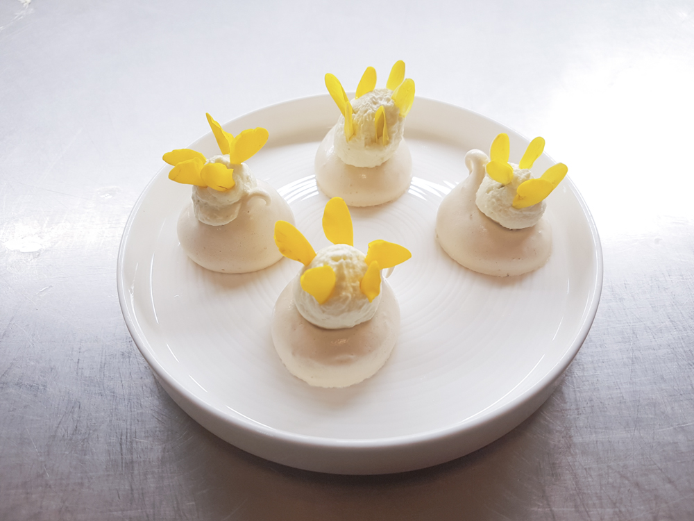  Pear meringue, sweet clover cream, gorse petals ( image -&nbsp; Alexandra Genis )  