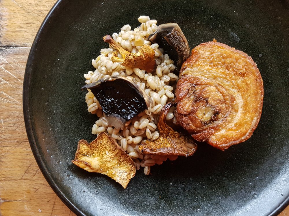  Pork belly, rolled and deep fried. Grains with wild mushrooms 