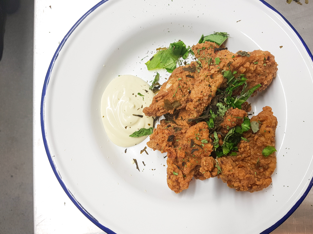  Buttermilk fried chicken with hay mayonnaise, lemon verbena and sorrel 