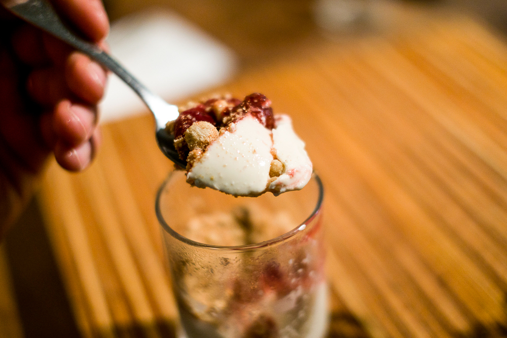  Tonka junket, gooseberries and brown butter crumble 