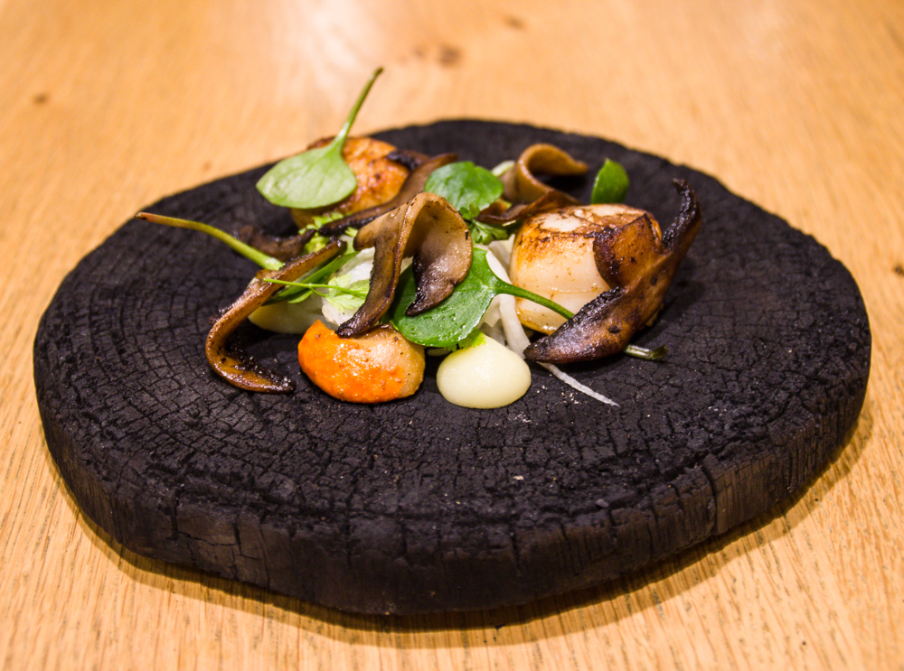 Scallop, mushrooms, apples and wild greens on a charcoal plate 