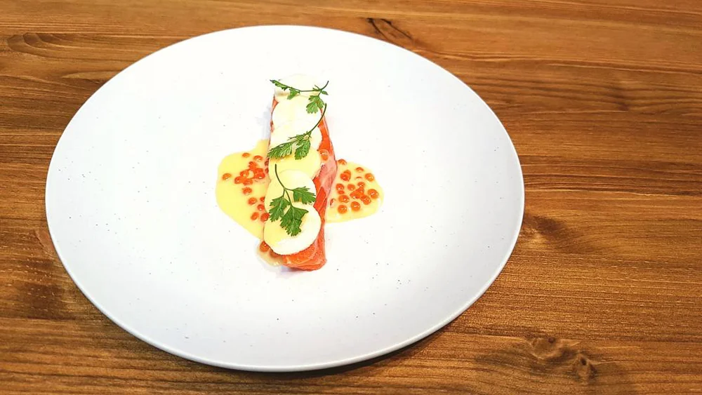  Cured rainbow trout, roe, chervil roots and leaves and butter 