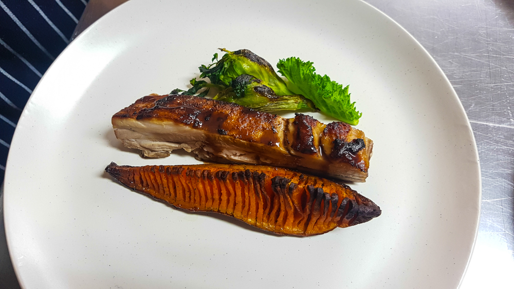  Slow-cooked pork belly, sweet potato &amp; seaweed oil, Alexanders bud and black mustard. Damson &amp; pork sauce (not shown) 