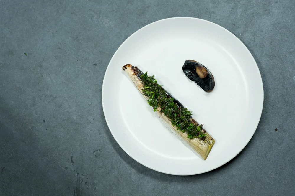 Barbecued leek, roasted mushroom and wild herbs