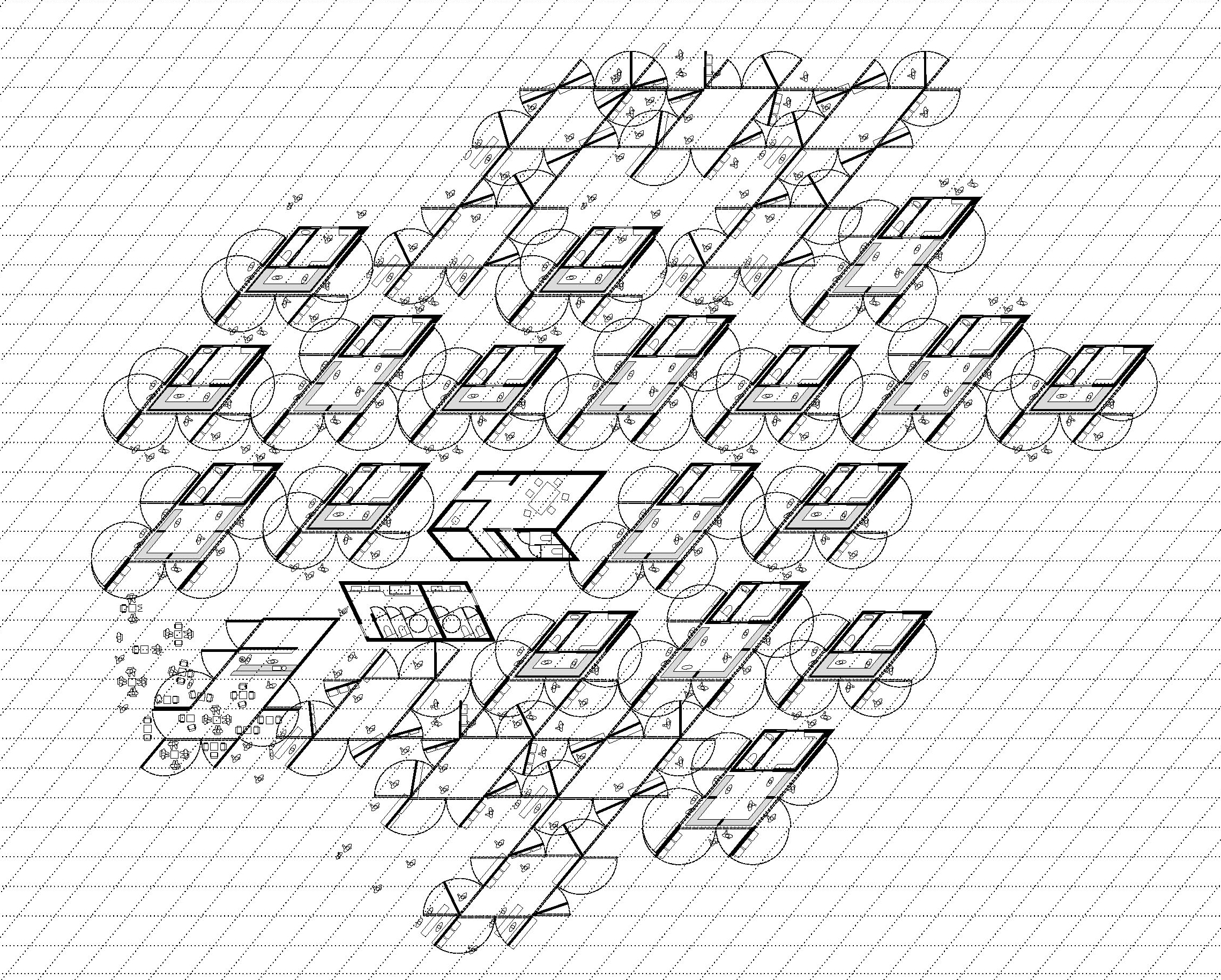 RESTLESS SPACE is essentially a grid of hinged doors. The doors are perforated as pegboards to display goods. The light structure and shallow foundations of the proposal would facilitate transportation and produce minimal impact on site. Rather than relying on high tech solutions requiring major maintenance, or specialized technology, RESTLESS SPACE consists of a simple and inexpensive system, easy to manufacture, build, sustain and repair. 