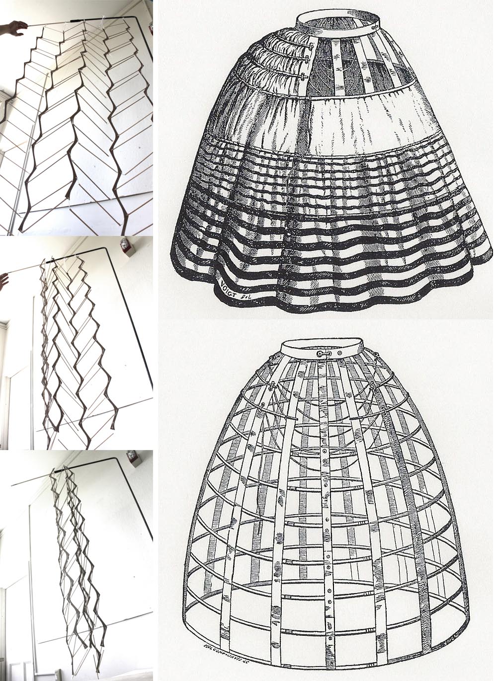 The structural design mimics that of 19th century dresses. What was traditionally made out of whale bone, due to its light weight and flexibility, we translated into PVC pipes and steel plate, which at the scale of the curtain takes on a similar performance. The curtain skeleton embedded in the fabric is composed by vertical steel plate members with a zig-zag profile combined with diagonal PVC pipes, a simple pinned connection among the two, allows for the members to move in every direction facilitating the overall movement of the curtain. Illustration from Godey's Lady's book. STRUCTURAL ASSSISTANCE by Peter Grace, Structure's Professor at the University at Buffalo, NY.