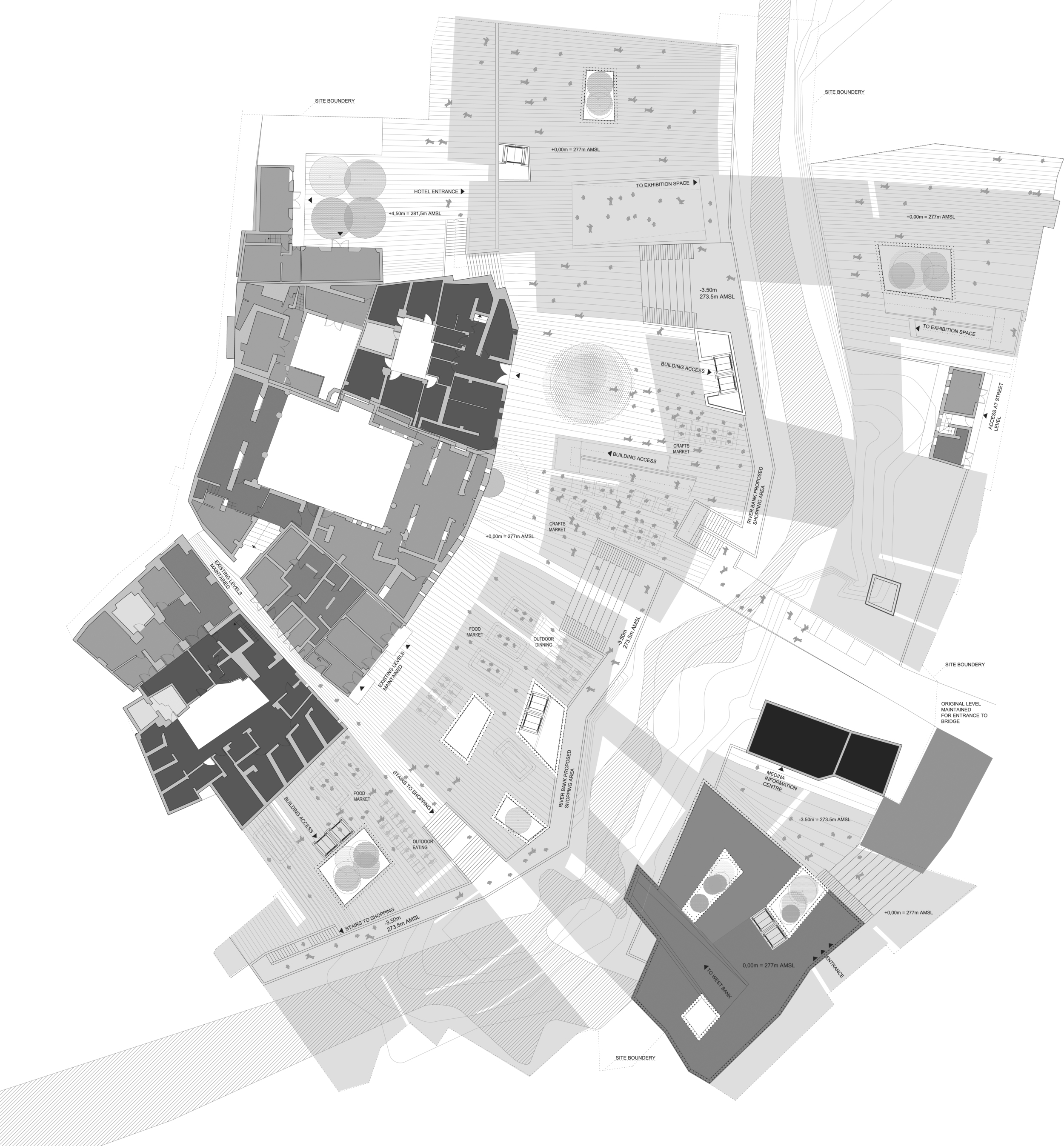 The aim is to maintain an experience of density while also liberating the ground plane from the traditional load bearing wall construction that currently dominates the urban field.