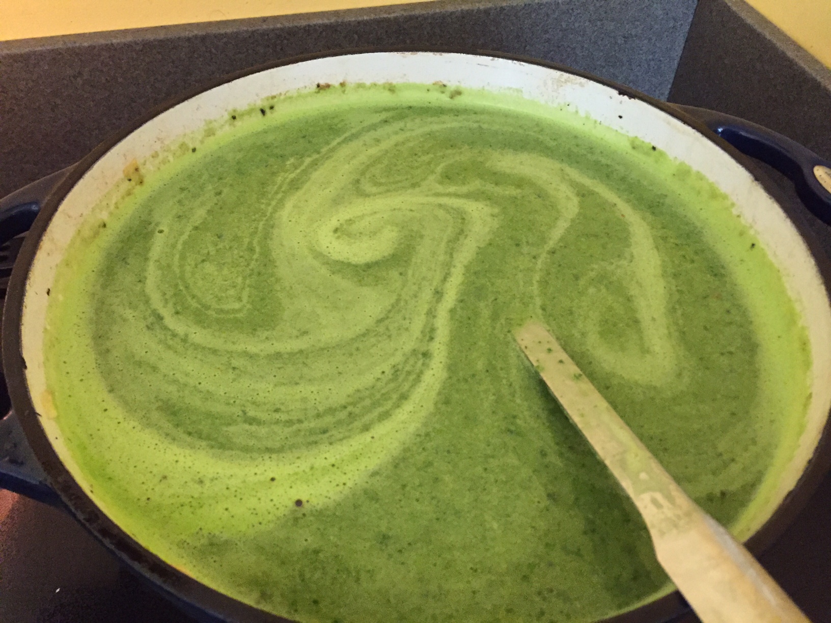 SPRING! Fava bean and spinach soup. Top with crunchy prosciutto and chives and a dollop of creme fraiche and a little fresh mint. You're in business. Welcome spring.