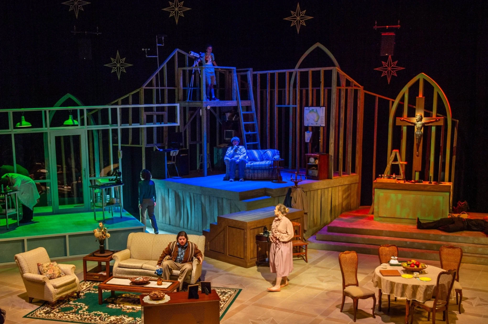 "Marburg" by Guillem Clua,
Louisiana State University, Swine Palace 2024
Set Design - Apollo Mark Weaver
Lighting Design -Smaida M Massatt
Costume Design -Kyla Kazuschyk
Sound Design - Haley Hughs
Props Design - John Michael Eddy
Stage Manager - Sara
