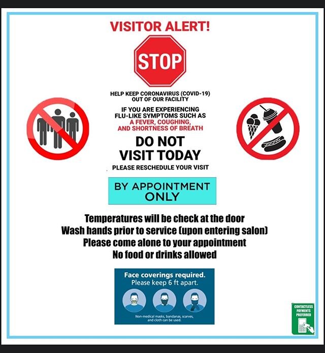 Dear clients, as per health Alberta, please read and follow the guidelines prior to and during your appointments! - please wait outside if you plan to arrive early. Or please arrive only 5 mins for to your appointment
.
if you do not have a mask, you