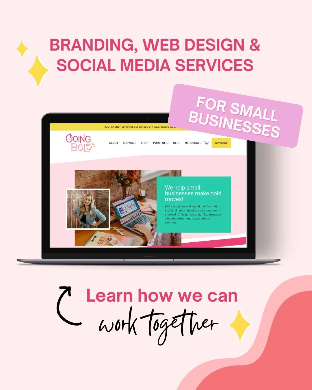 So what exactly do we do at Going Bold Studio? Here&rsquo;s the 411!

We help bring the ideas of small businesses to life through branding, Squarespace website design, and social media marketing. 

Whether it&rsquo;s building a brand from the ground 