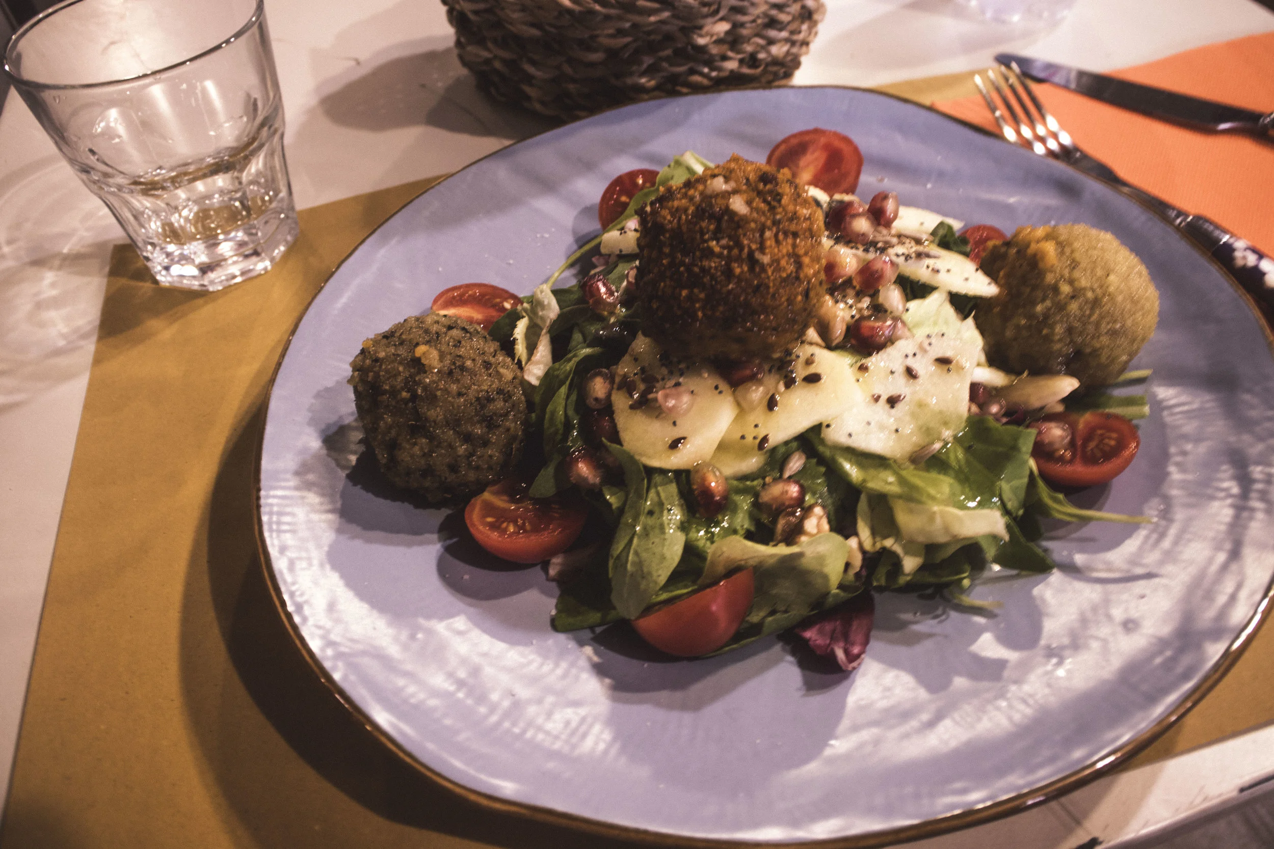 The best meatballs atop a delicious salad at Obla Di Obla Da restaurant in Rome, Italy