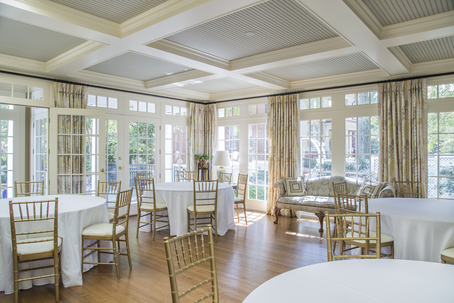 The sunroom, pictured here before an event, is often used to host receptions and gatherings.