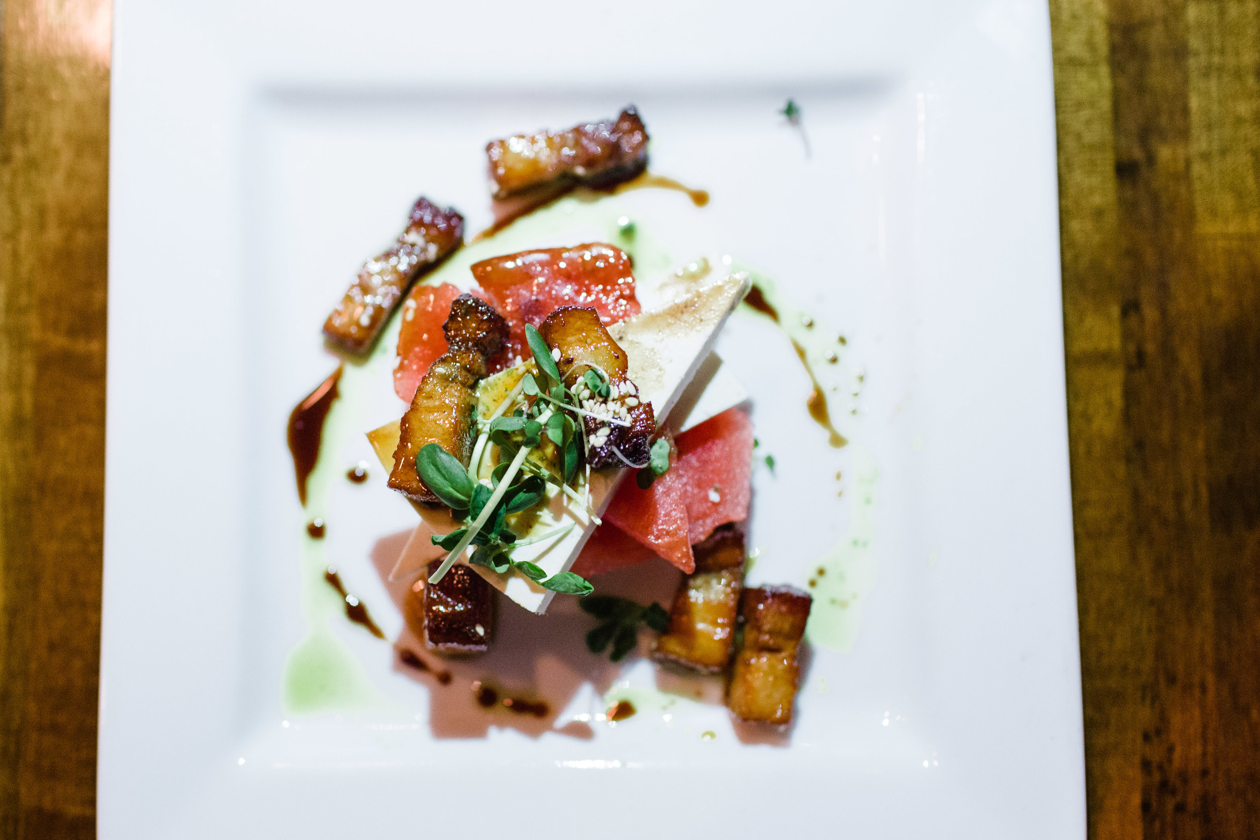  Sorghum glazed pork belly, Bogue Sound watermelon, Ricotta Salata &amp; Lime 