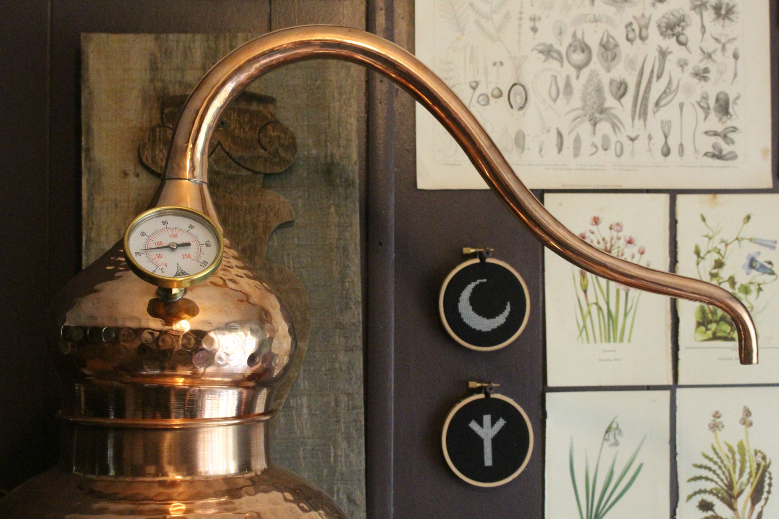 A copper distiller in Ash Sierra's home