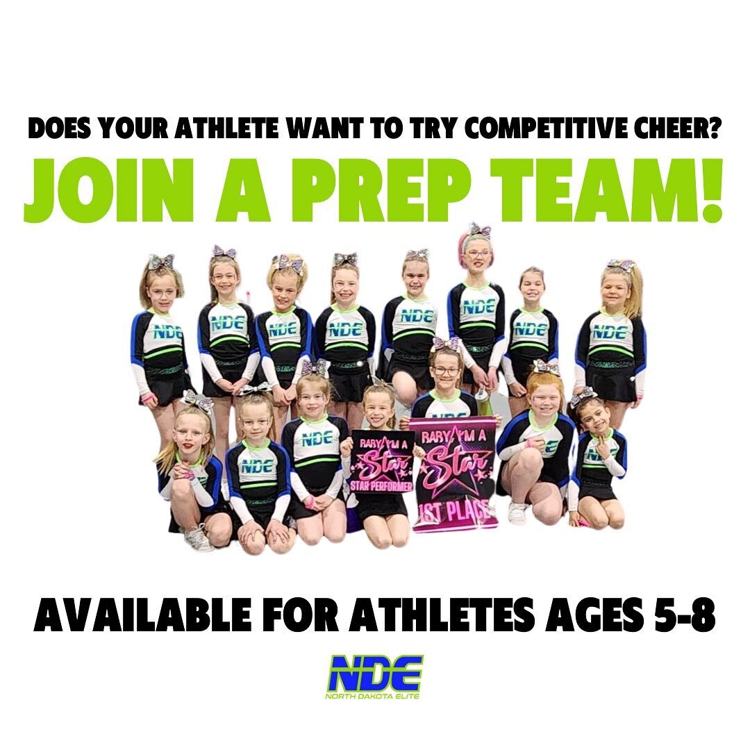 📣 Attention athletes ages 5-8!

Our All-Star Cheerleading Prep teams are looking for more athletes!

Full Season Prep Teams run May 2023-April 2024.

This is a great program if you&rsquo;re interested in competitive all-star cheerleading. We will te