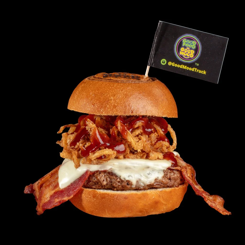 Good Mood Burger with bacon and frizzled onions
