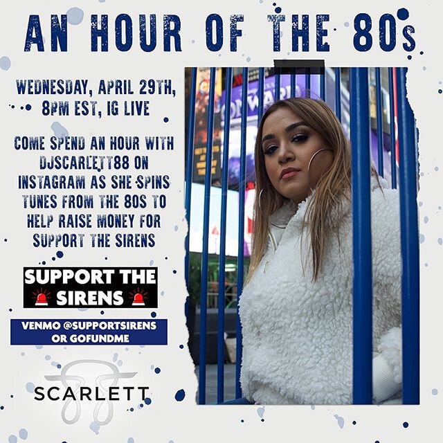 AN HOUR OF THE 80s ⁣
⁣
JOIN ME TONIGHT AS I SPIN TUNES FROM THE 80s TO HELP RAISE MONEY FOR SUPPORT THE SIRENS⁣
⁣
SUPPORT THE SIRENS SUPPORTS LOCAL RESTAURANTS BY PROVIDING LUNCHES/DINNERS TO THE FIRST RESPONDERS WORKING EXTENDED HOURS⁣
⁣
YOU CAN SHO
