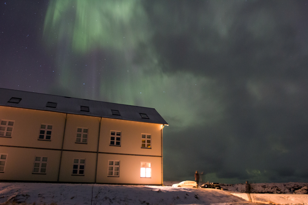 Northern Lights above Hotel Búðir. Somehow, we were the only ones awake for the show.