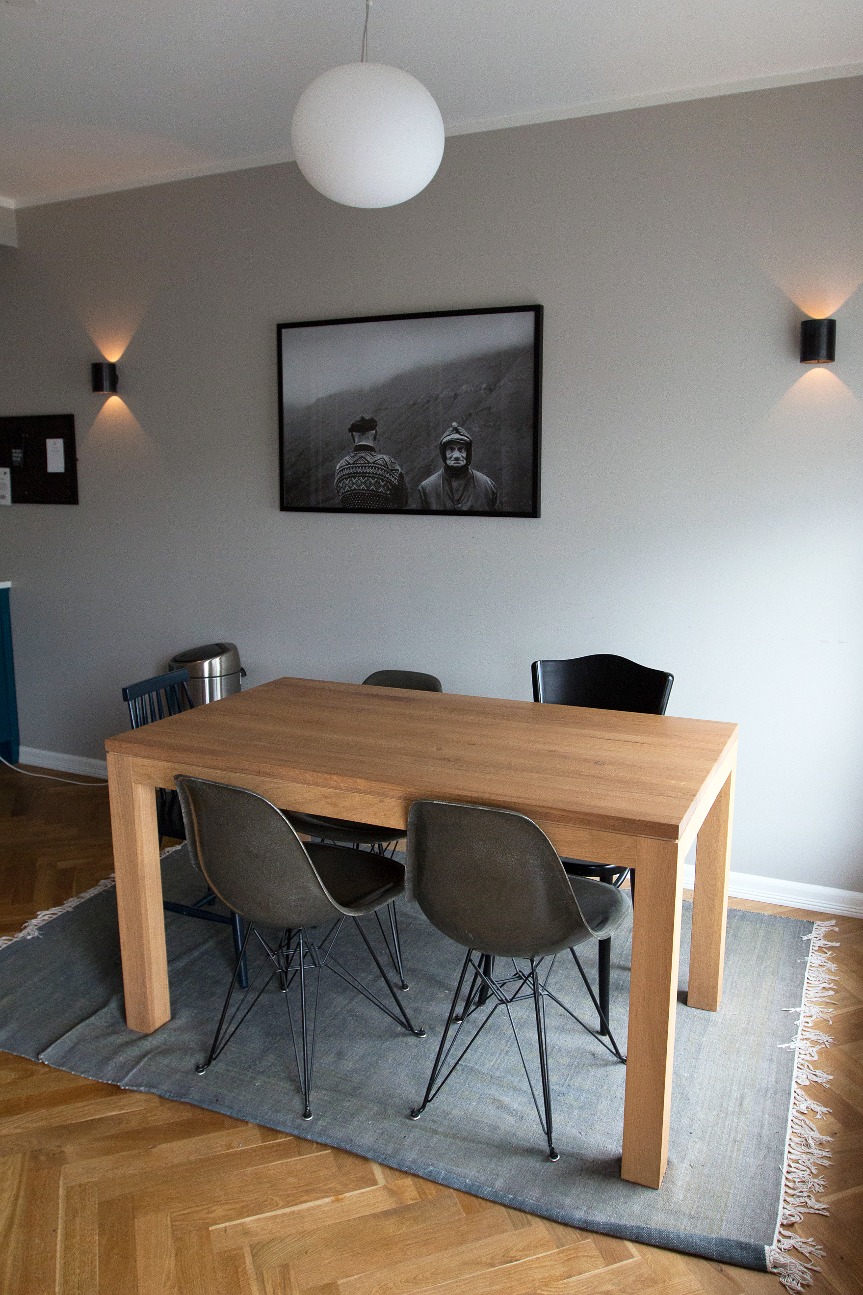 Kitchen of our "Bigger" room at Hotel Kvosin. My favorite Icelandic photo by RAX Ragnar Axelsson hanging on the wall