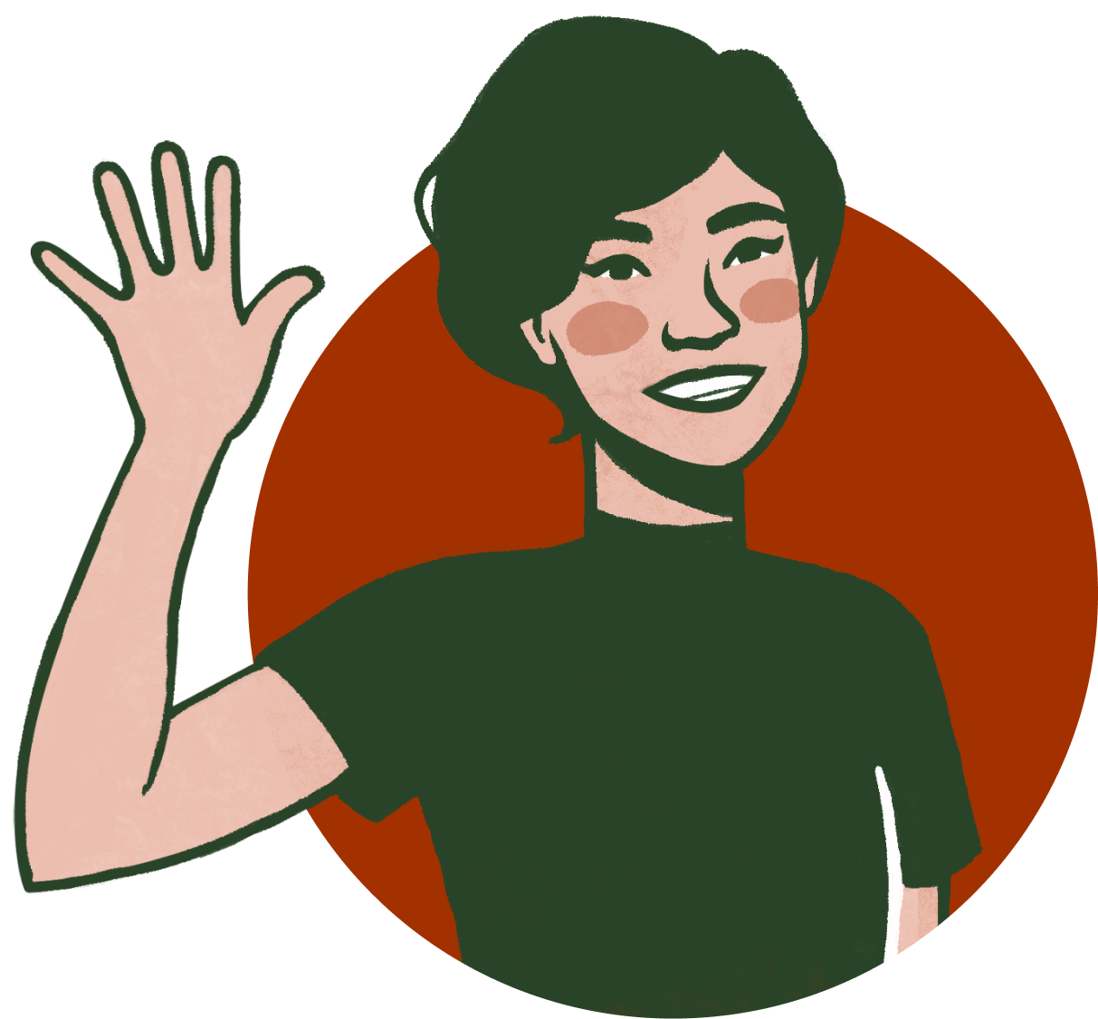 Illustration of Rachel waving. She has short dark hair and the illustration is hand-drawn in green, tan, and red colors..png