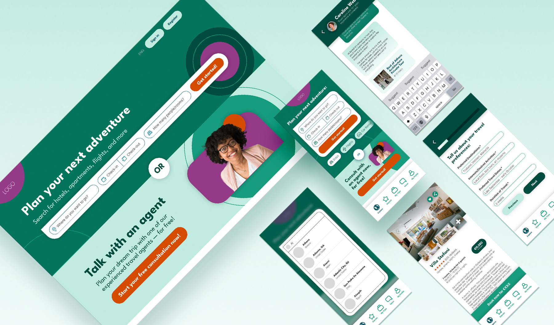 Multiple screens of a travel booking webpage and app. The branding is green, orange, and purple with circles and rounded edges. The desktop view has a home screen, the phone has a search screen, a message screen, a quiz, and a B&B..png