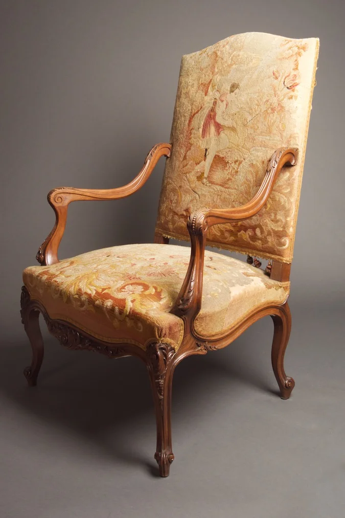 Antique French 19th Century Louis XV style Walnut Fauteuil with Aubusson Tapestry upholstey    SOLD