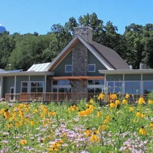 Nature Center building surrounded by prairie  