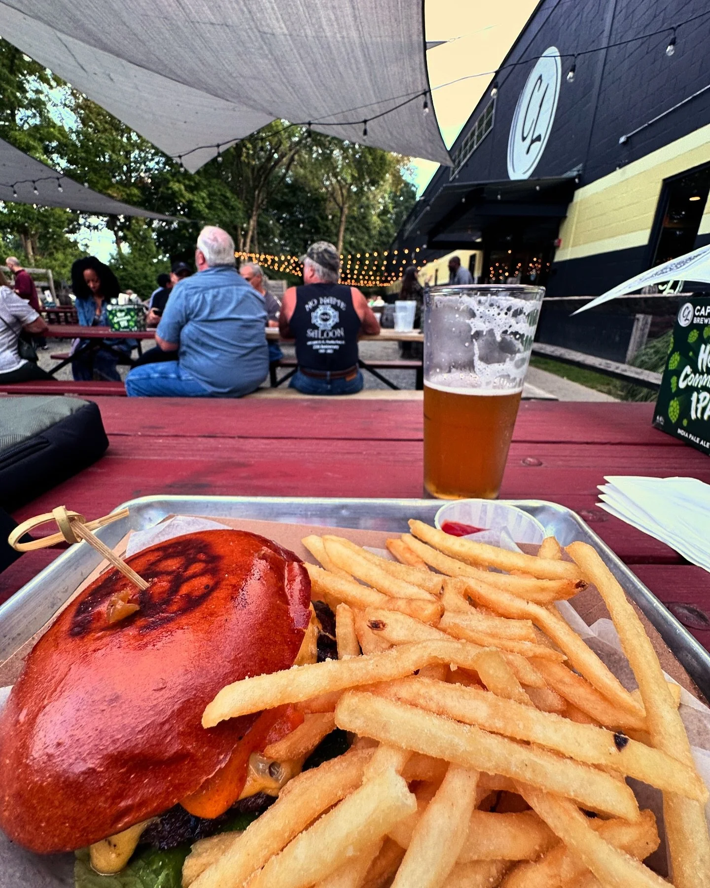 One of my #happyplace (s) is a #beergarden with good food. #captainlawrence