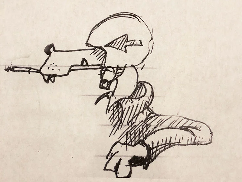 The idea started with this loose sketch. I had a Bell helmet I wanted to paint. The idea morphed into constructing a sculpture to display the painted helmet. A wolf race car driver seemed like a pretty good idea.