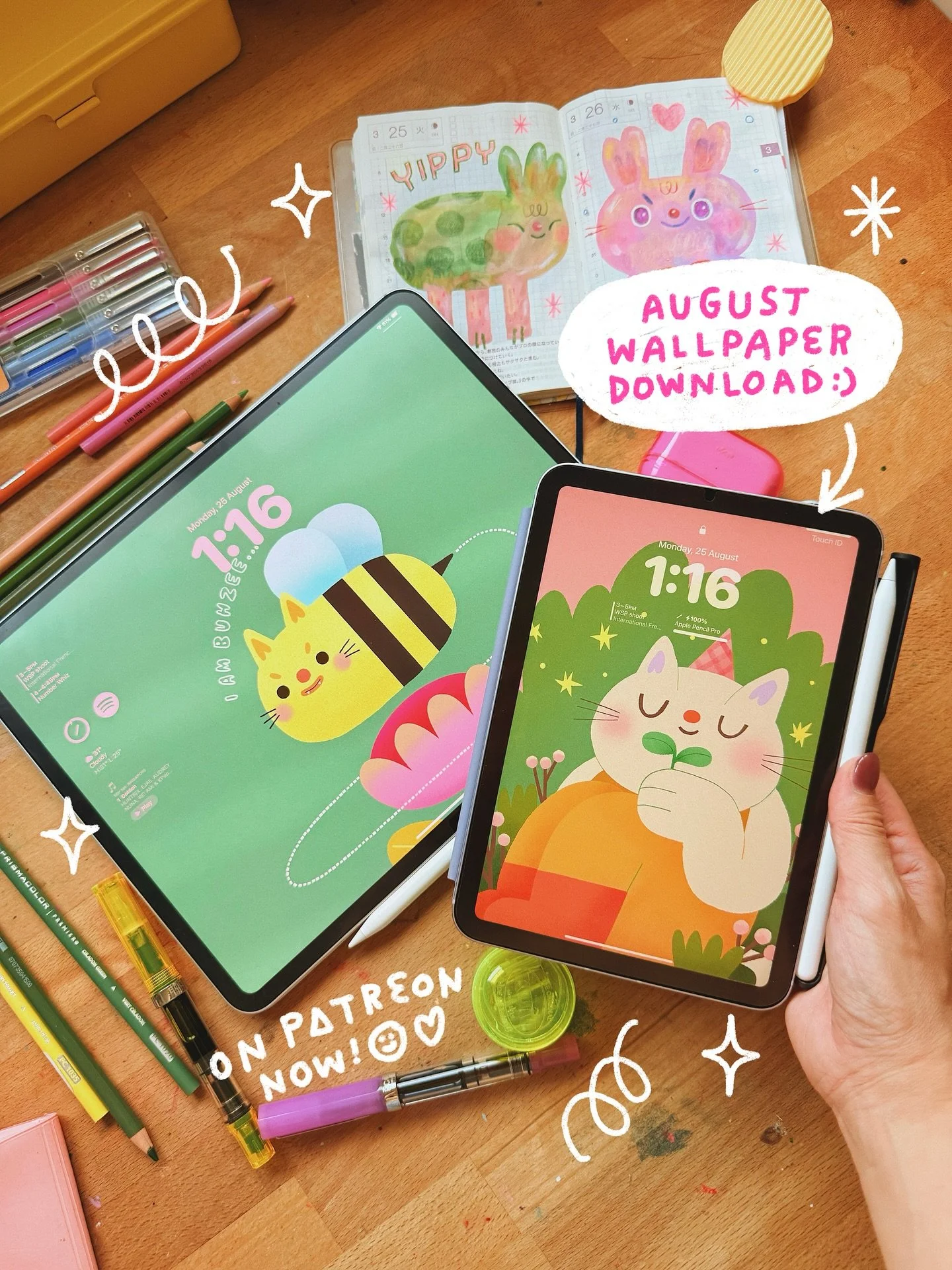 August wallpaper are available for download on my P△treon! ✨🥳 

You can unlock these wallpapers (plus all past posts!) by joining my Secret Art Club 💌 or, if you just want these, you can grab them as a single post. Stay on as long as you like if yo