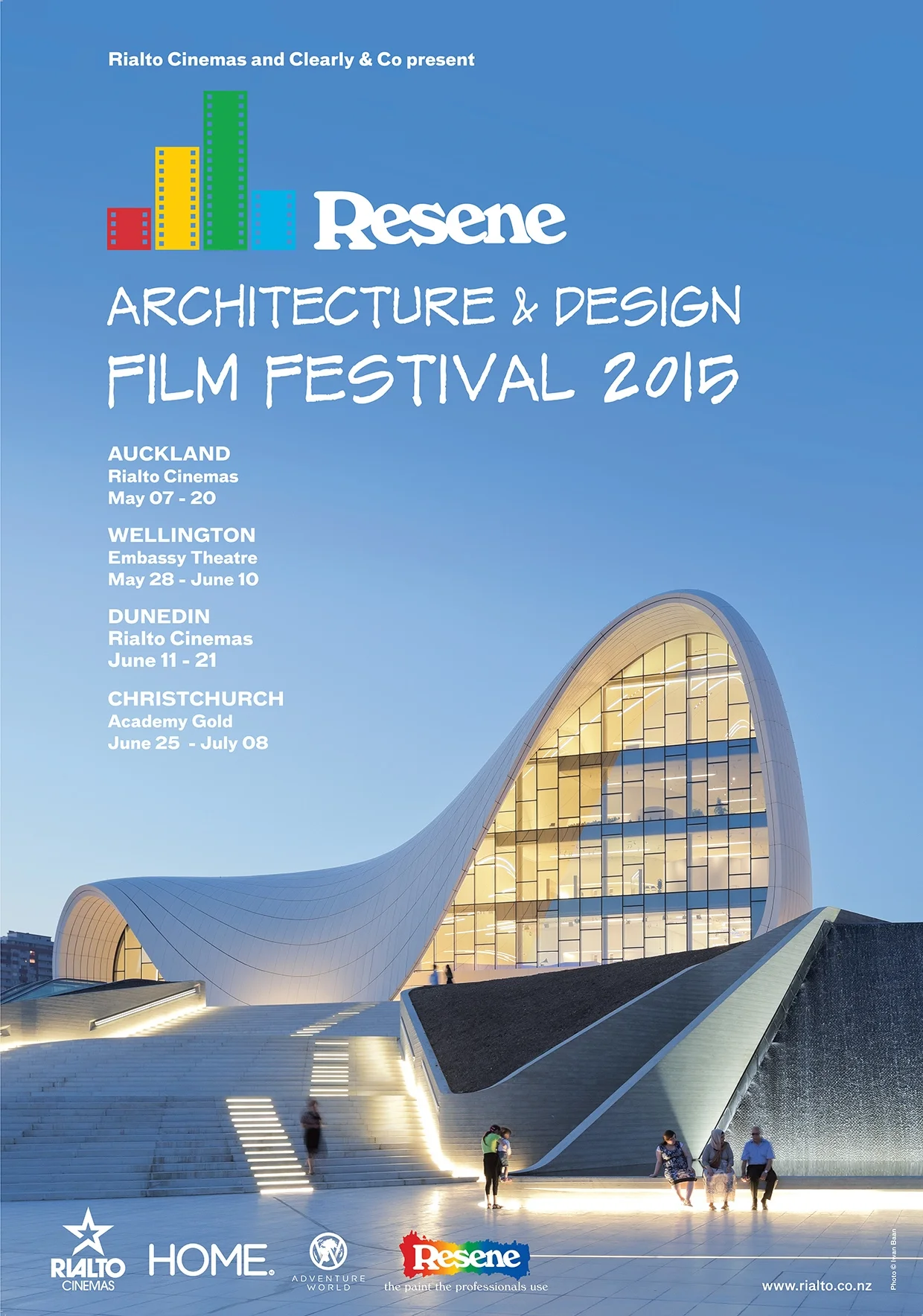 We were very excited to curate the 4th annual Resene Architecture + Design Film Festival in 2015. The Festival travelled nationwide from Auckland, Wellington, Dunedin and to Christchurch for the first time. 22 of the finest international architecture and design films were brought to New Zealand and screened as part of the festival, as well as local films as part of an In Memorium tribute to the late Ian Athfield.