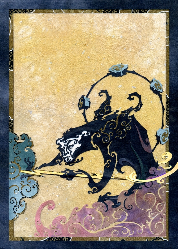 ⊛ This Lightning Won't Forge Itself • Fujin Raijin Diptych ⊛ cut paper on wood ⊛ 10.1 x 7.2 in • 257 x 182 mm ⊛ private collection 