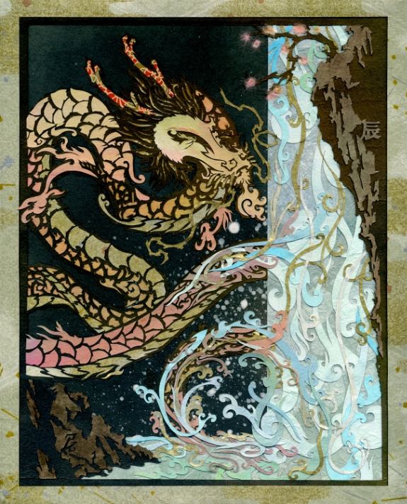 ⊛ The River's Cascade, Under the Blossoming Plum ⊛ cut washi + chiyogami paper / illustration board ⊛ 10 x 8 in • 254 x 203 mm