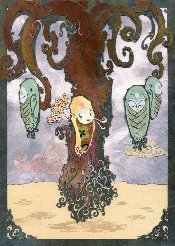 ⊛ This Humble Contagion ⊛ cut paper + washi + chiyogami / wood ⊛ 10 x 7 in • 255 x 180 mm