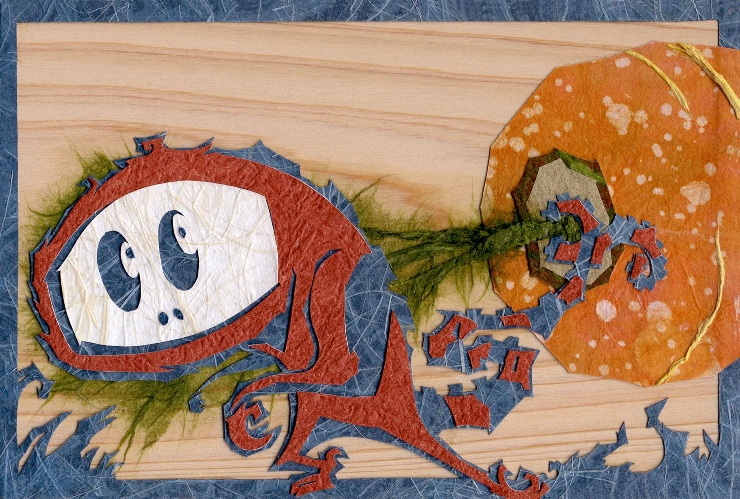 ⊛ The Carrot Thief ⊛ cut + torn washi paper / wood ⊛ 4 x 6 in / 100 x 150 mm private collection 