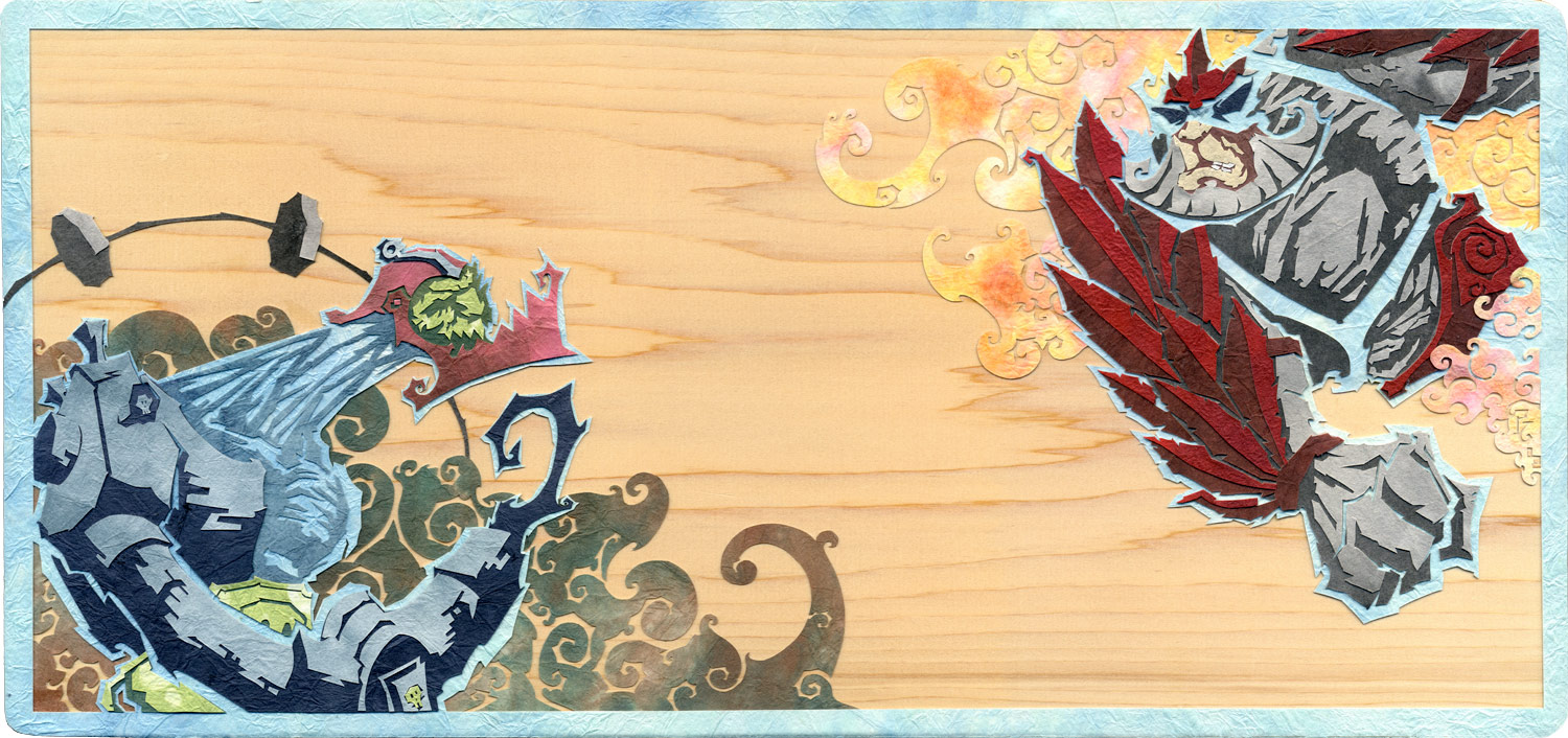 ⊛ Raijin and Fujin; God of Thunder, God of Wind ⊛ cut paper + washi / wood (cherry) ⊛ 7.25 x 15.4 in • 184 x 390 mm