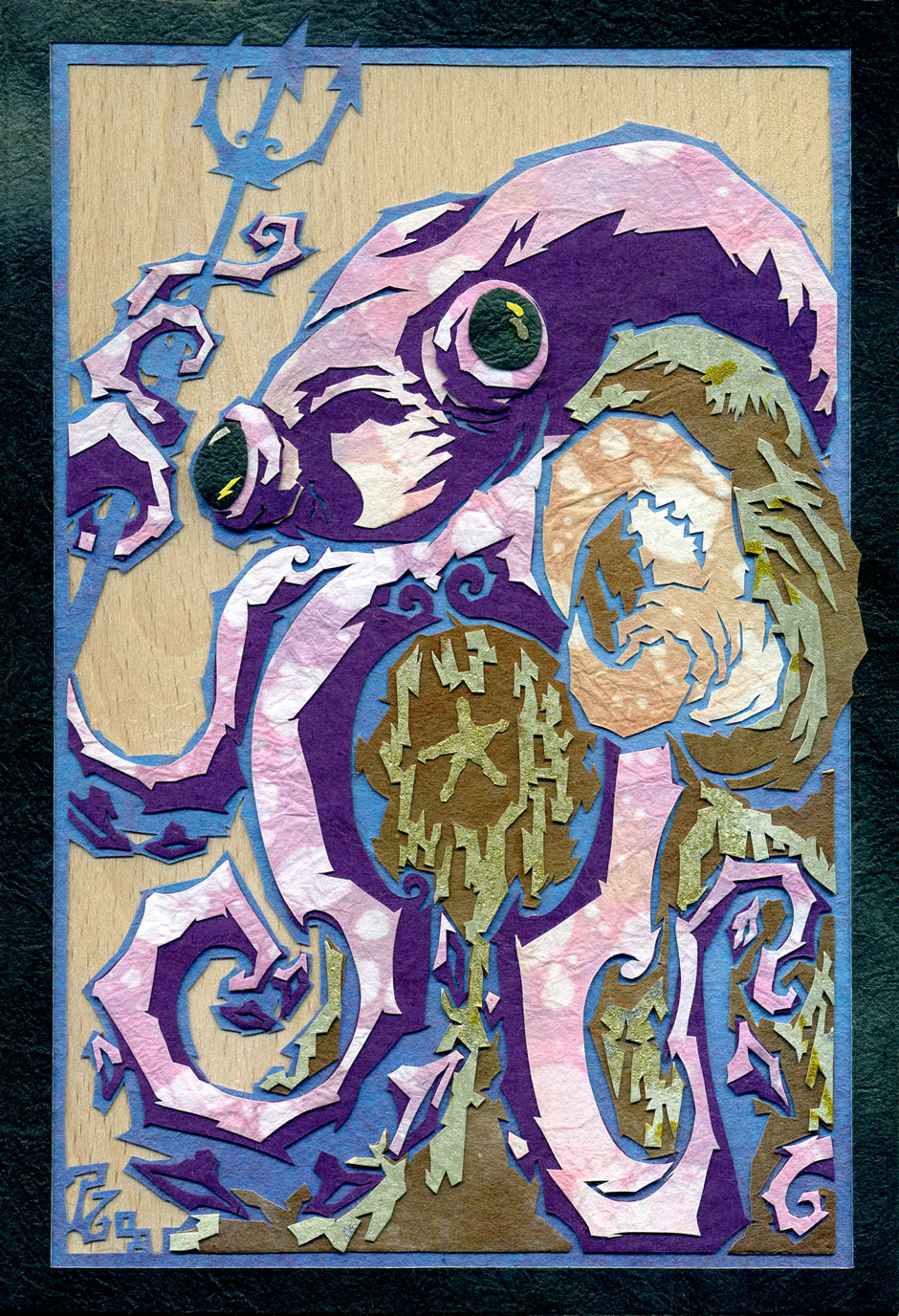 ⊛ Flailing Purple Tentacles of Beastie Destruction! ⊛ cut paper + washi + chiyogami / wood ⊛ 6 x 4 in • 150 x 100 mm